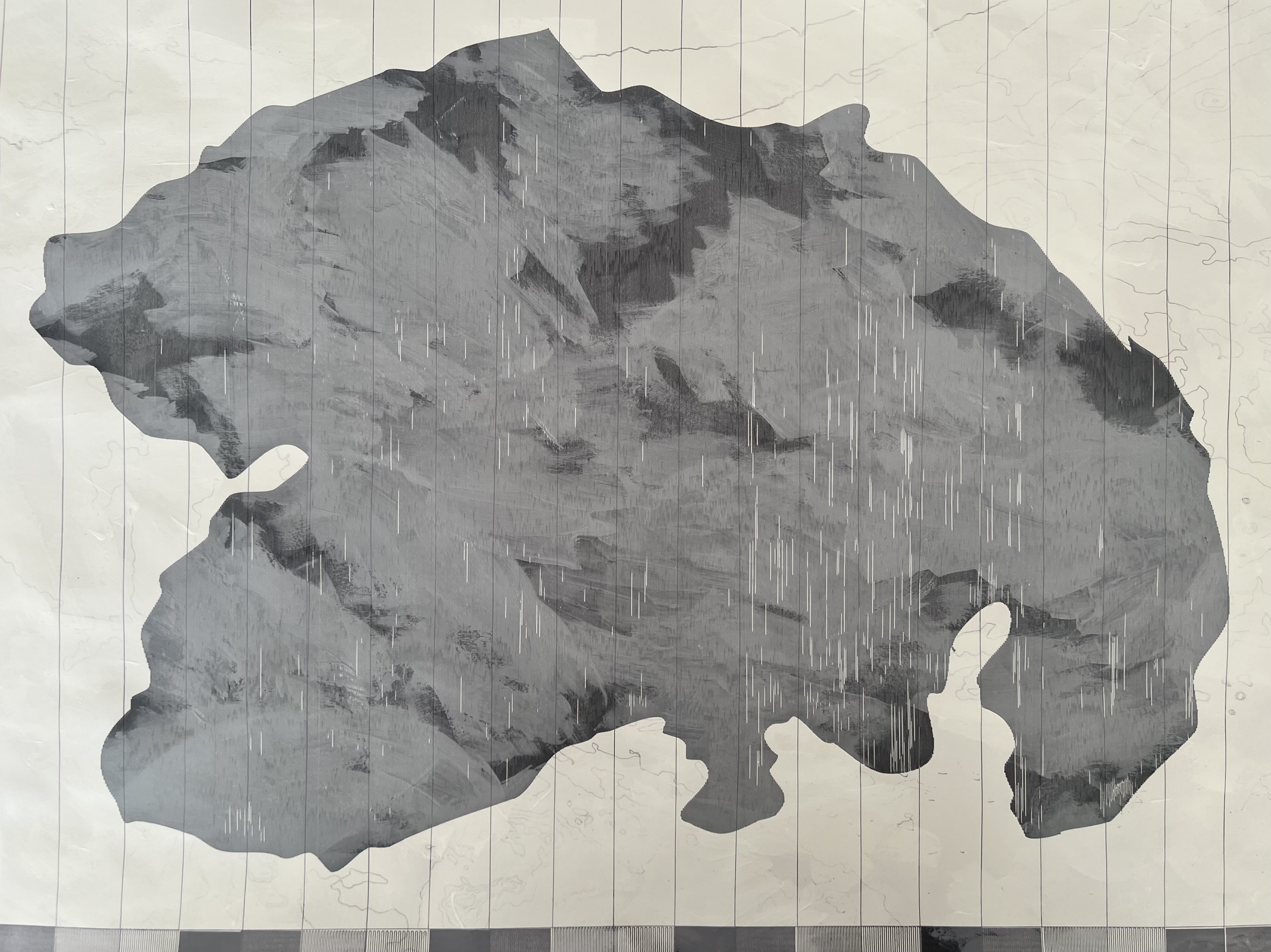 A large grey terrain bounded by a coastline of perlin noise - a body of to and fro of the pen in an ocean of probability - like a map of the threshold between the artist and the machine